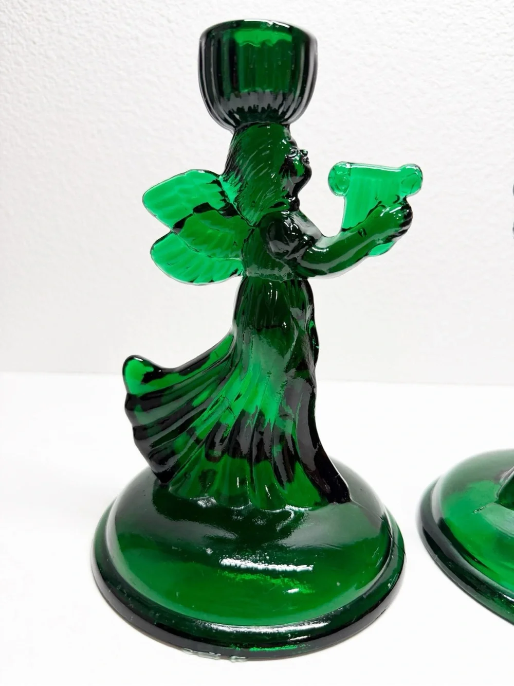 Vintage Emerald Green Glass Angel Taper Candle Holders